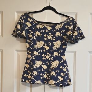 Effie's Heart Blue and Cream Ruffled Peplum Blouse